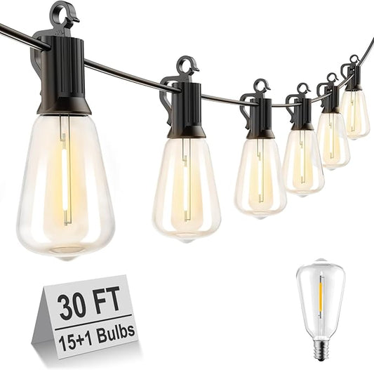 Brightown LED Outdoor String Lights 30FT for Patio with 16 Shatterproof ST38 Vintage Edison Bulbs, Waterproof Outside Hanging Lights for Backyard Deck Garden Party Xmas Decor, 2700K