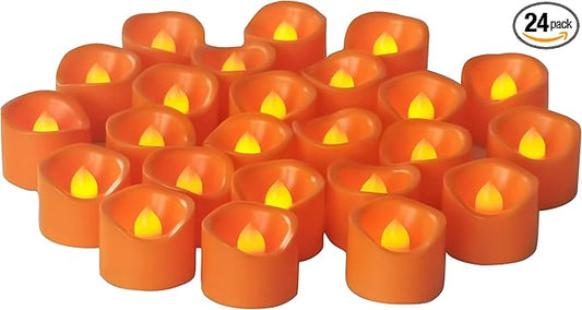 CANDLE CHOICE Battery Operated Flameless Tea Lights Orange Flickering LED Electric Fake Votive Tealight Candles Halloween Pumpkin Thanksgiving Christmas Decorations Centerpieces 24 Pack Batteries Incl