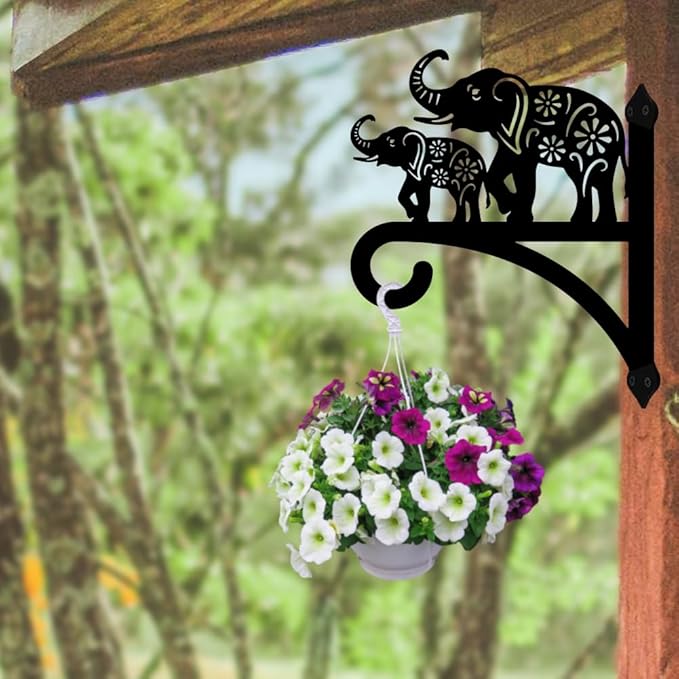 peacoblue Iron Plant Hangers Holder for Outdoor Indoor Hanging Plants Flower Fern Pots Lantern Bird Feeder Wind Chimes, 12”x14” Weather Resistant Metal Wall Hooks for Porch Garden Farmhouse(Elephant)