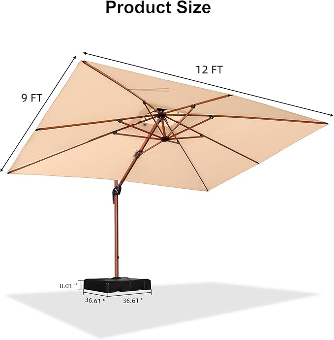 PURPLE LEAF 9' X 12' Double Top Deluxe Wood Pattern Rectangle Patio Umbrella with Base Offset Hanging Umbrella Outdoor Market Umbrella Garden Umbrella, Beige