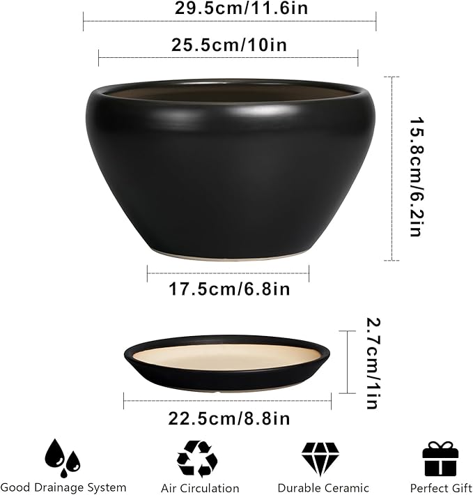 Ceramic Pot for Plants - 11 Inch Plant Pot Indoor with Drainage Hole and Saucer Large Planter Decorative Planter Modern Outdoor Flower Pot for House Balcony Black