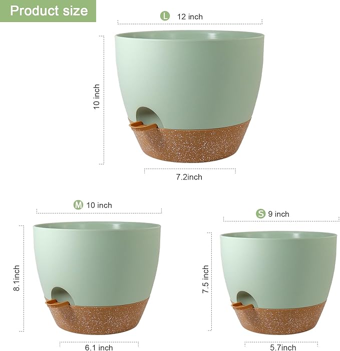 Big Self Watering Pots 12/10/9 inch, Planter, Plant Pots with Mesh Drainage Holes for Indoor Outdoor Garden Plants, Plastic Flower Pots with Removable Deep Reservoir, Green with Brown
