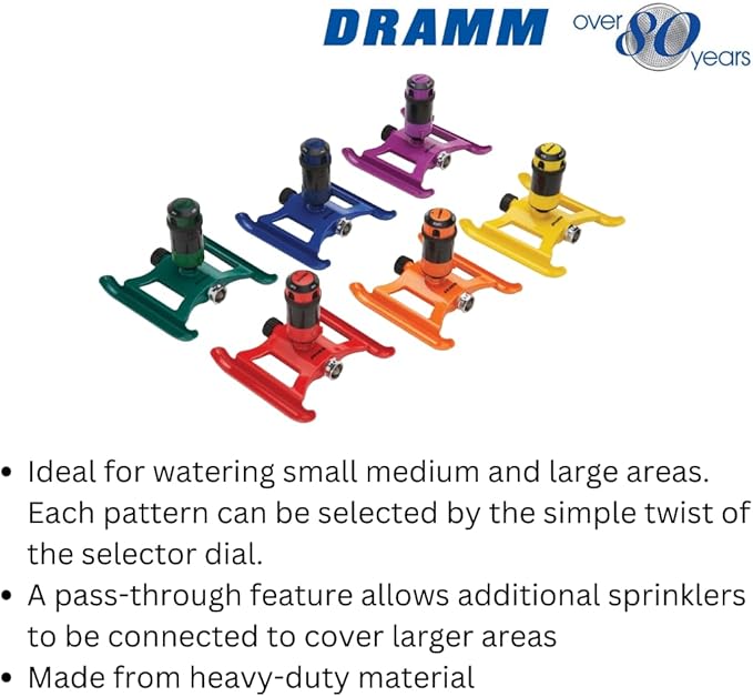 Dramm ColorStorm Gear Drive Sprinkler on Heavy Duty,Durable Metal Base, 4 Patterns, Ideal for Small, Medium & Large Areas with Pass Through Feature, Orange, 40 Foot Diameter