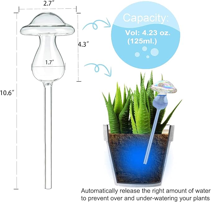 Kingbuy Self Watering Globes Hand Blown Glass Plant Watering Bulbs Colorful Mushroom Automatic Drippers Irrigation Devices for Indoor Outdoor Plants, 4 Pack