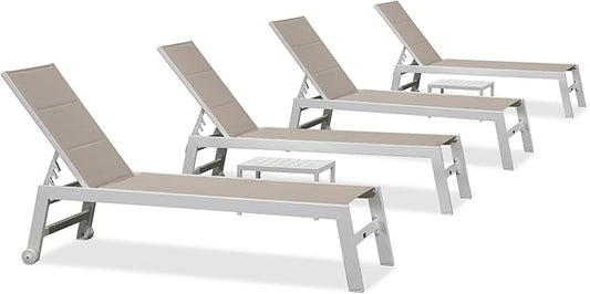 PURPLE LEAF Outdoor Chaise Lounge Adjustable Sunbathing Recliner with Side Table Khaki 2 Sets