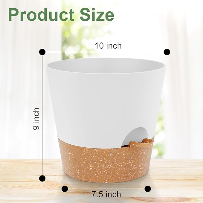 Ynnico10 inch Plant Pots, Self-Watering Planters with Drainage Holes & Saucers for Indoor and Outdoor Plants (2-Pack,White