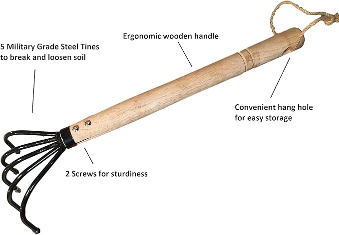Garden Guru Hand Rake Cultivator Claw Soil Tiller - Military Grade Steel - Rust Resistant - 5 Tine Japanese Ninja Claw - Comfortable Wood Handle - Perfect Pulverized and Aerated Soil (2 Pack)