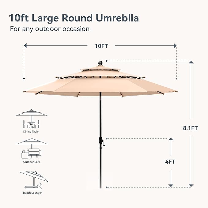 PHI VILLA 10ft Patio Umbrellas, Outdoor 3 Tier Vented Large Market Table Umbrella with 8 Sturdy Ribs and 1.5" Umbrellla Pole for Lawn Poolside Garden Terrace, Beige(No Base)