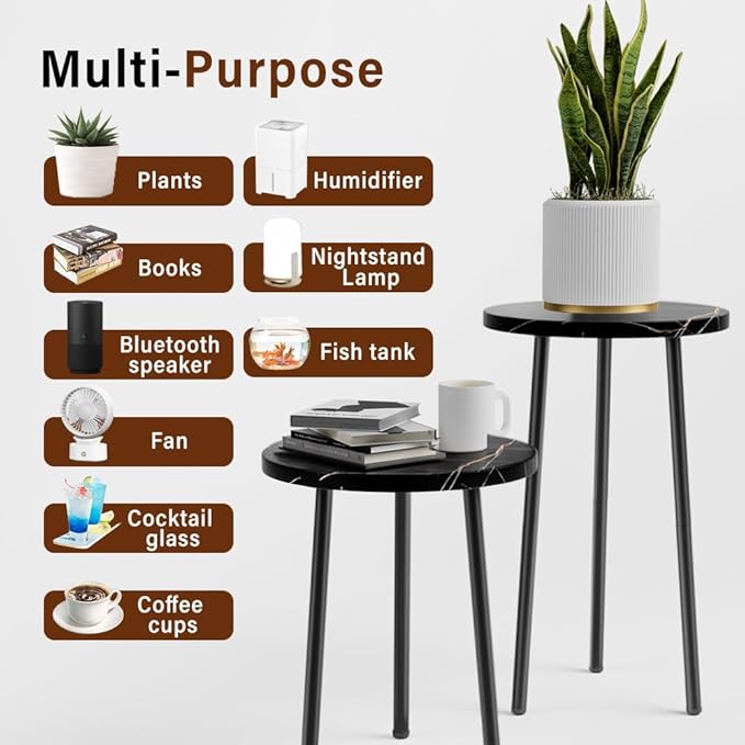 Plant Stand Indoor Tall: Corner Wood Plant Stand 2 Pack Mid Century Modern Decor - Small Round Plant Table for Indoor Plants - Outdoor Plant Holder for Patio Living Room Bathroom Office (Black Marble)