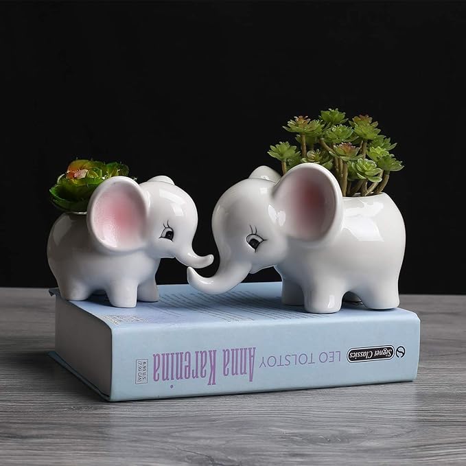 Ogrmar 2PCS Elephant Plant Window Boxes Cute Elephant Flower Pot/Modern White Ceramic Succulent Planter Pots/Tiny Flower Plant Containers Animal Decor