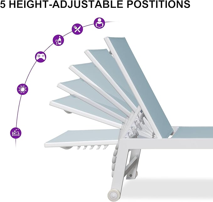 PURPLE LEAF Lounge Chair Outdoor Set of 4 White Aluminum Lounge Chairs with Wheels and Table Outdoor Chaise Lounge for Patio Pool Yard, Steel Blue