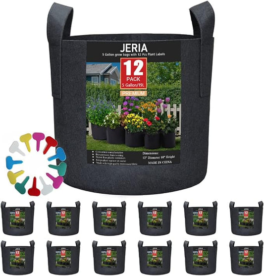 JERIA 12-Pack 5 Gallon, Vegetable/Flower/Plant Grow Bags, Aeration Fabric Pots with Handles (Black), Come with 12 Pcs Plant Labels