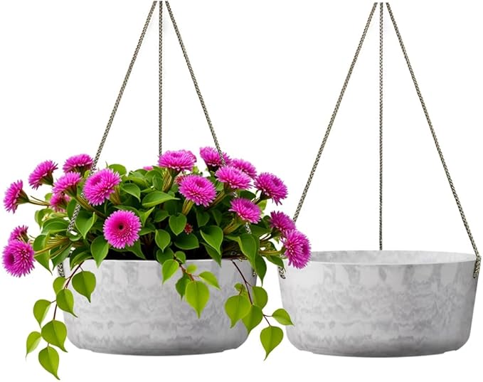 10.7 Inch Hanging Planter for Outdoor Indoor Plants，2 Pack Hanging Flower Pots with Drain Holes for Garden Home Decor Use (Marble)
