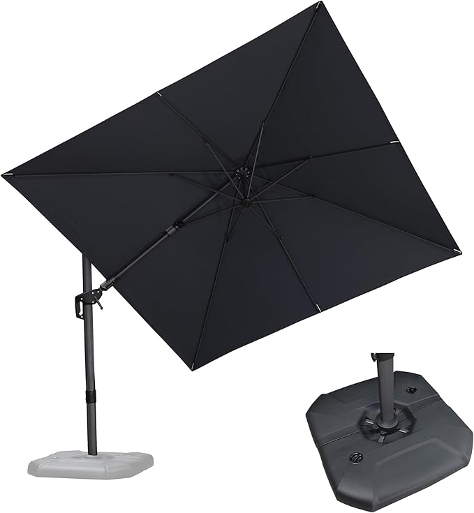 PURPLE LEAF 9.8' X 9.8' Tilting Patio Umbrella with Base Outdoor Cantilever Swivel Square Umbrella with Tilt Aluminum Offset Umbrella with 360-degree Rotation for Garden Deck Pool Patio Grey