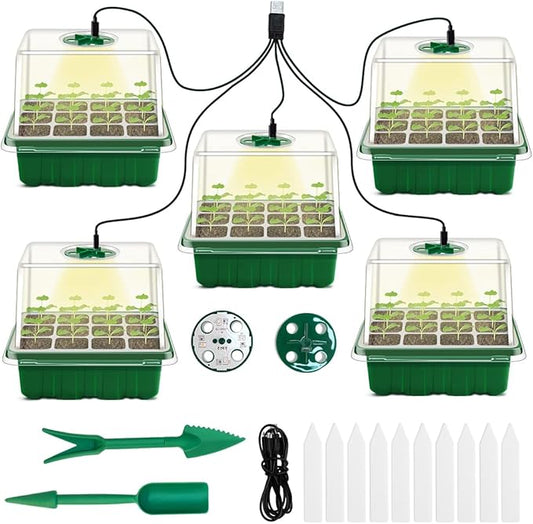 Seed Starter Tray with Grow Light, 5 Packs Plant Starter Tray Seedling Starter Kit with Humidity Domes Base Indoor Greenhouse Mini Propagator Station for Seeds Growing Starting (12 Cells per Tray)