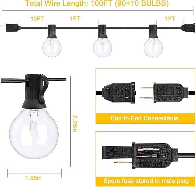 Outdoor String Lights, 100Ft G40 Globe Patio Lights Waterproof with 100 Warm White Bulbs, Connectable Hanging Backyard Light for Outside Garden Balcony Holiday Party Decor-Black