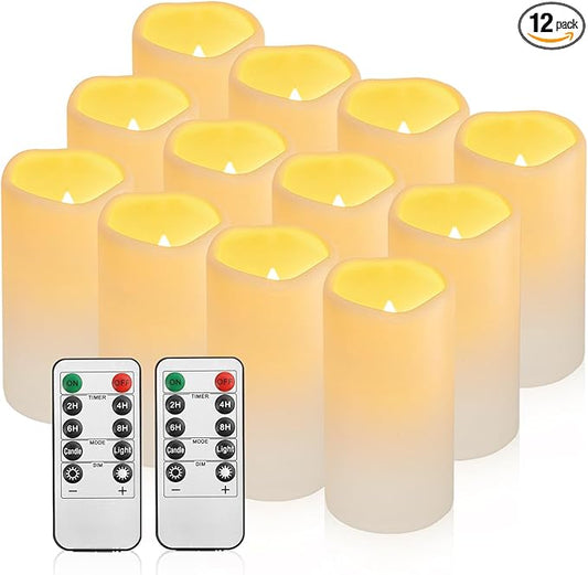 12PACK Waterproof Flameless Candles with Remote Control Candle, Battery Operated Flickering LED Pillar Candle Plastic,Large Size(D3 x H5.5) for Outdoor/Indoor Decoration Wedding, Party, Birthday