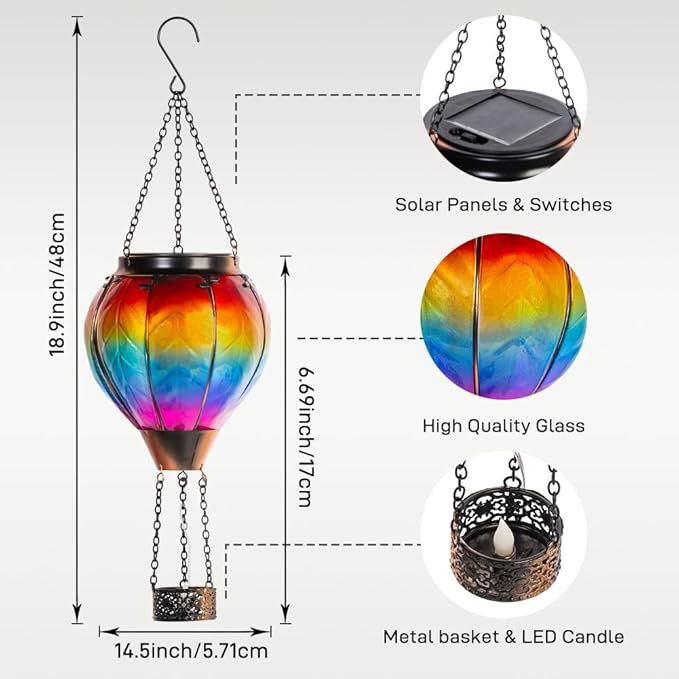 Starsoul 2 PC Rainbow Hot Air Balloon Solar Lantern with Flame Glass Outdoor Hanging Hot Air Balloon Solar Light Waterproof Garden Patio Yard Party Decorations