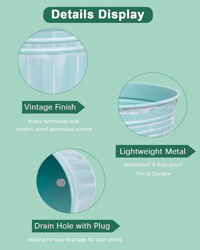 vensovo 6 Inch Cyan Blue Metal Rustic Flower Pots - 6Pcs Galvanized Planters with Drainage Hole and Rubber Plug, Rustproof Metal Bucket Plant Pots Farmhouse Vintage Style for Decor