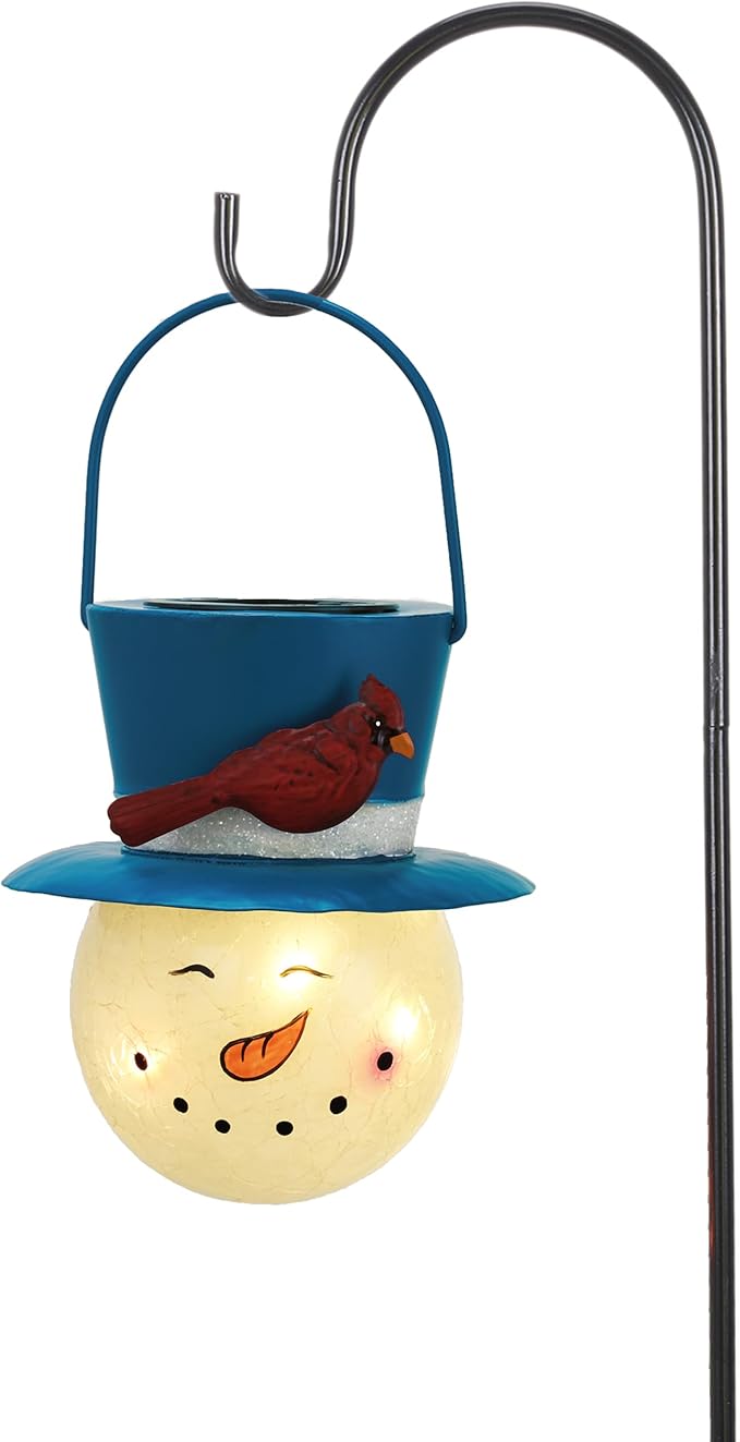 TERESA'S COLLECTIONS Outdoor Christmas Decorations for House, 36'' Snowman Glass Solar Lantern Stake with Blue Cardinal Hat, Xmas Grinch Solar Christmas Lights for Garden Party Decor