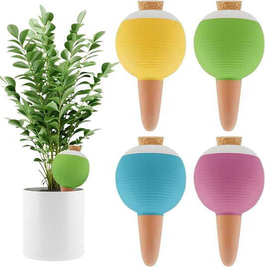 4Pcs Plant Watering Globes, Kalolary Large Terracotta Automatic Watering Stake Devices with Wooden Stopper for Pots, Planters, Indoor, Outdoor
