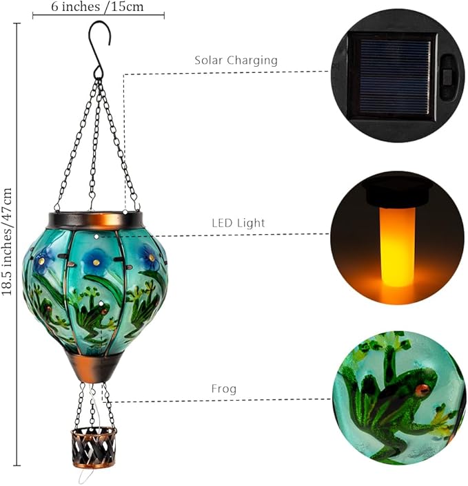 Starsoul Frog Hot Air Balloon Solar Lantern with Candle Holder Glass Outdoor Solar Hot Air Balloon Flickering Flame Lamp Hanging Garden Light Waterproof for Lawn Porch Tree Yard Decorations