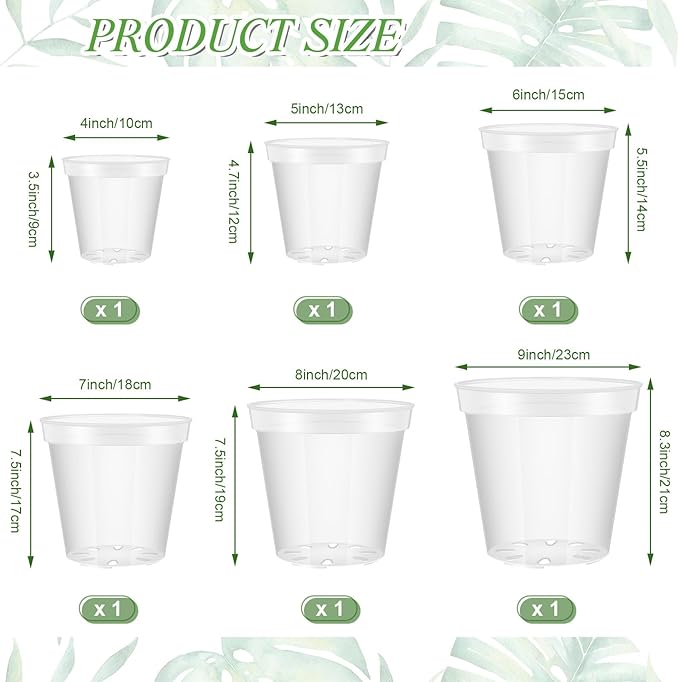 Vesici Large Size Clear Nursery Pots Variety Pack Plant Pots with Drainage Holes Planters for Indoor Plants Flexible Transparent Plastic Plant Bottle Succulents(6 Pcs,4/5/6/7/8/9 Inch)