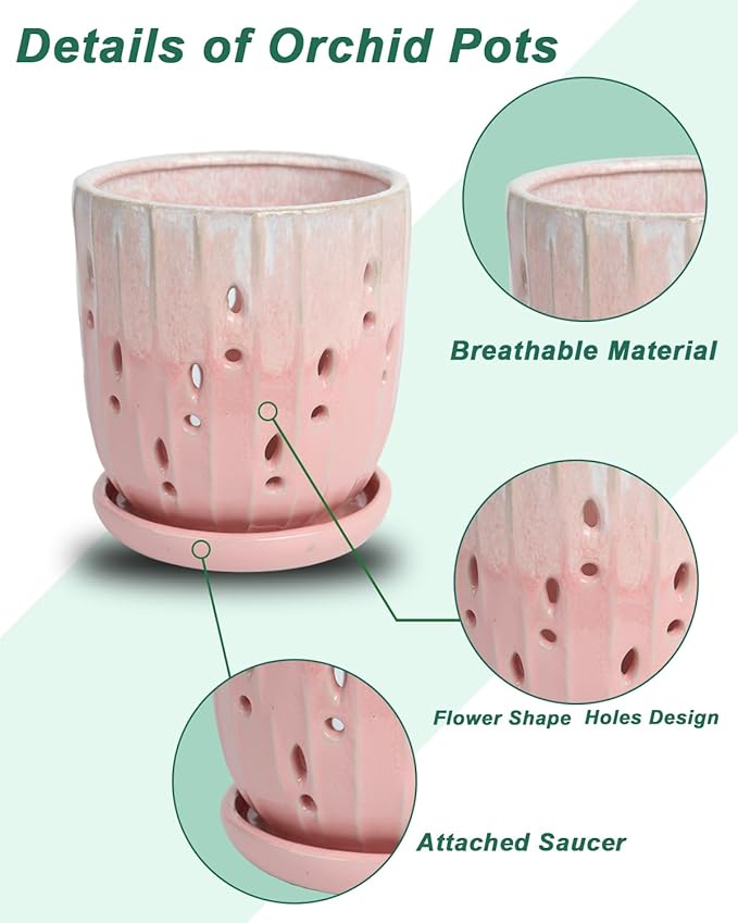 vensovo 6 Inch Ceramic Orchid Pot - Orchid Pot with Holes for Repotting, Ceramic Planter with Saucer for Indoor/Outdoor Plants, Pink