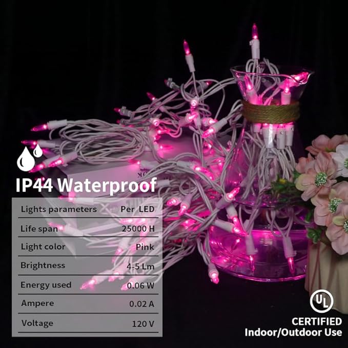Pink Christmas LED Lights - 2 Pack 100 Count Pink Christmas String Lights for Tree, Bedroom, Wedding, Indoor/Outdoor Valentines Day Decorations, 2 Sets 33 Feet White Wire, UL Certified, Connectable