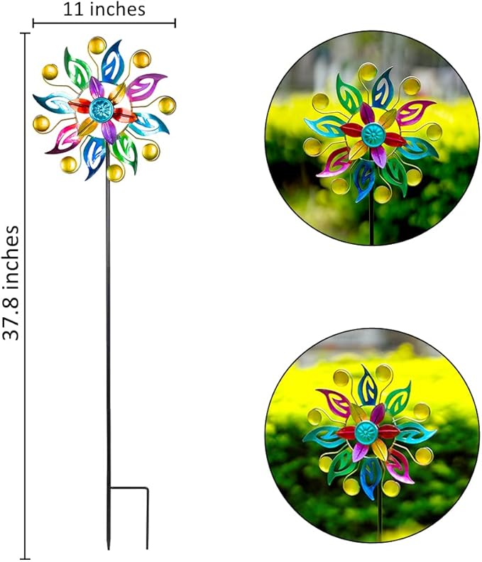 DREAMYSOUL 2 Packs Wind Spinners for Yard and Garden, Colorful Pinwheel Metal Wind Sculpture Outdoor Yard Art for Garden, Patio, Lawn Decor (11" Dia * 37.8" H)