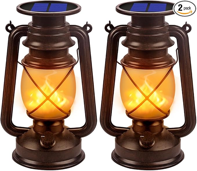 Solar Lantern Outdoor Hanging Solar Lights Dancing Flame Led Waterproof Camping Lamps, Landscape Decor for Table Patio Garden Yard Pathway Porch 2 Pack