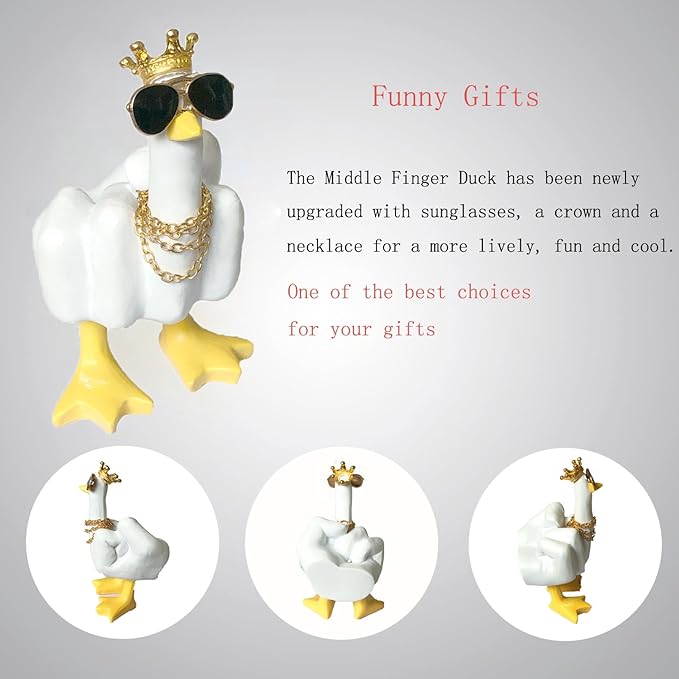 Accddio Middle Finger Duck Decor, Funny Middle Finger Resin Garden Statue, Duck You Cool Fun Gag Gift for Home Office Desk (White)