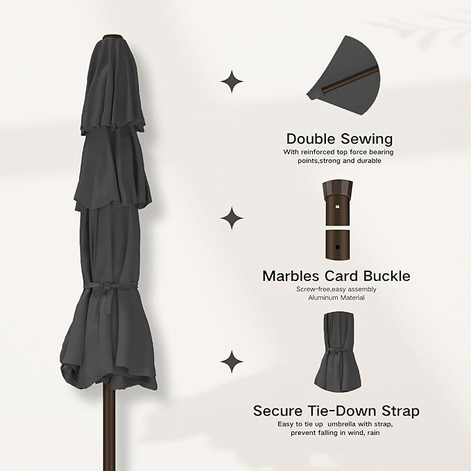 Kingdura 9ft 3-Tier Patio Umbrella, Outdoor Table Umbrella with Easy Crank & Tilt, 8 Reinforced Ribs, UV Protection for Deck, Pool, Market, Backyard (Grey)