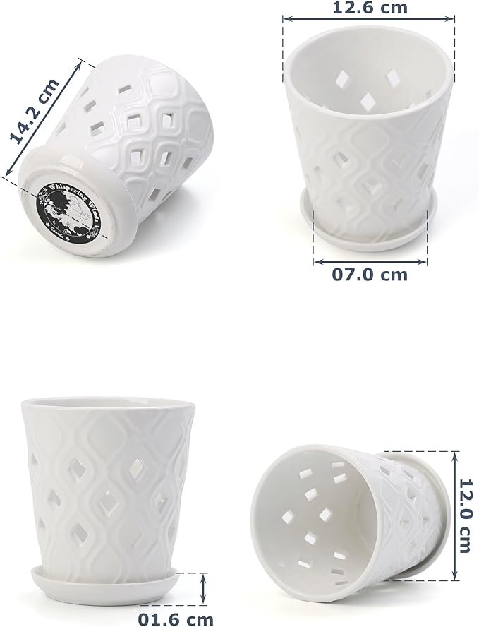 Whispering Winds Ceramic 5 x 6 Inch Orchid Pot with Holes & Saucer for Aeration and Drainage - Decorative Orchid Pots for Repotting, Prevent Over Watering & Root Rot (Carrara White)