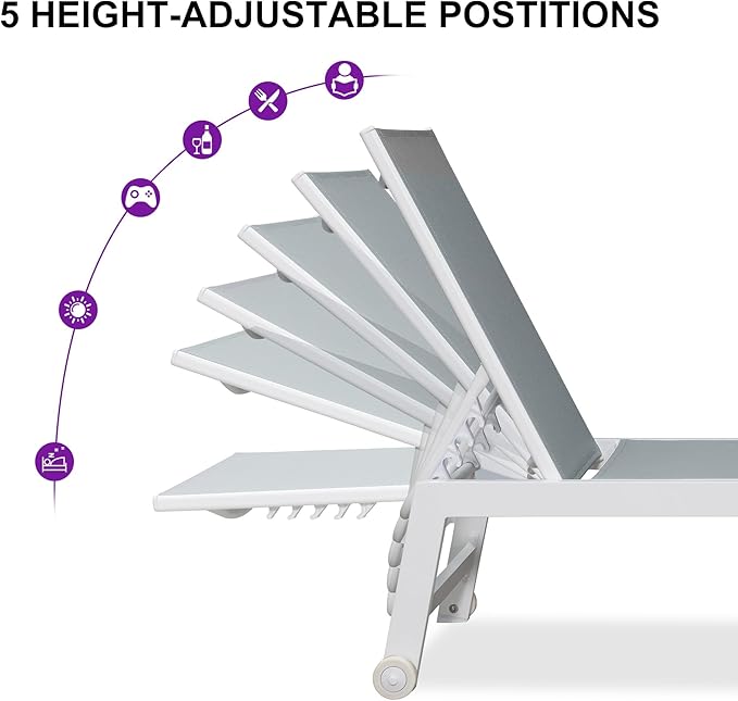 PURPLE LEAF Lounge Chair Outdoor Set of 4 White Aluminum Lounge Chairs with Wheels and Table Outdoor Chaise Lounge for Patio Pool Yard, Bluish-Gray