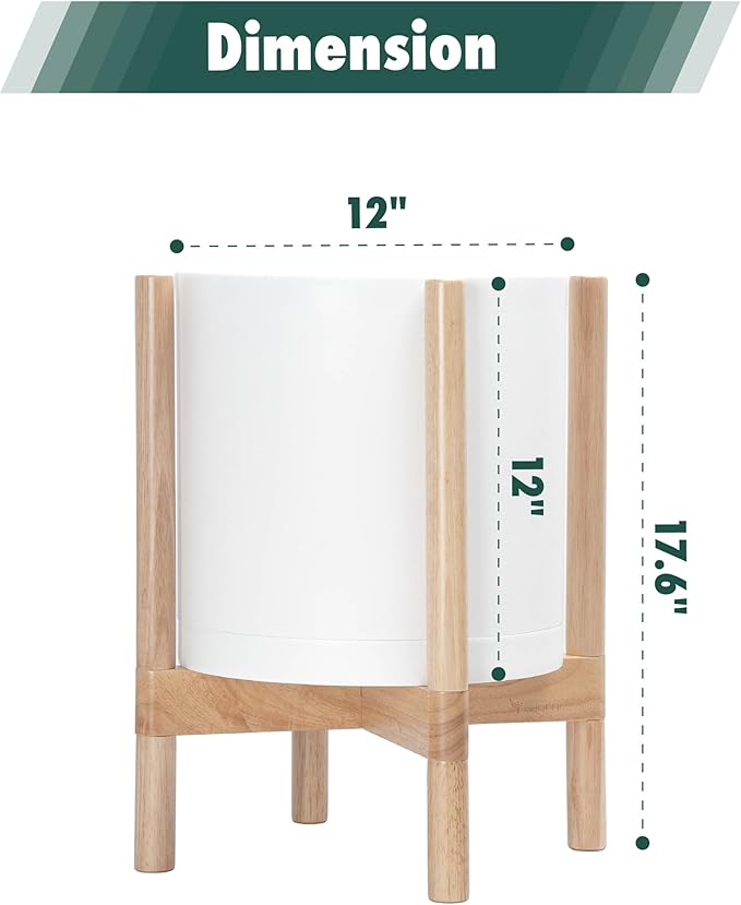 D'vine Dev Planter Pot with Stand - 12 Inch Plastic Cylinder Flower Pot with Wood Planter Holder for Indoor, Matte White Pot + Natural Stand, 55-C-P-1