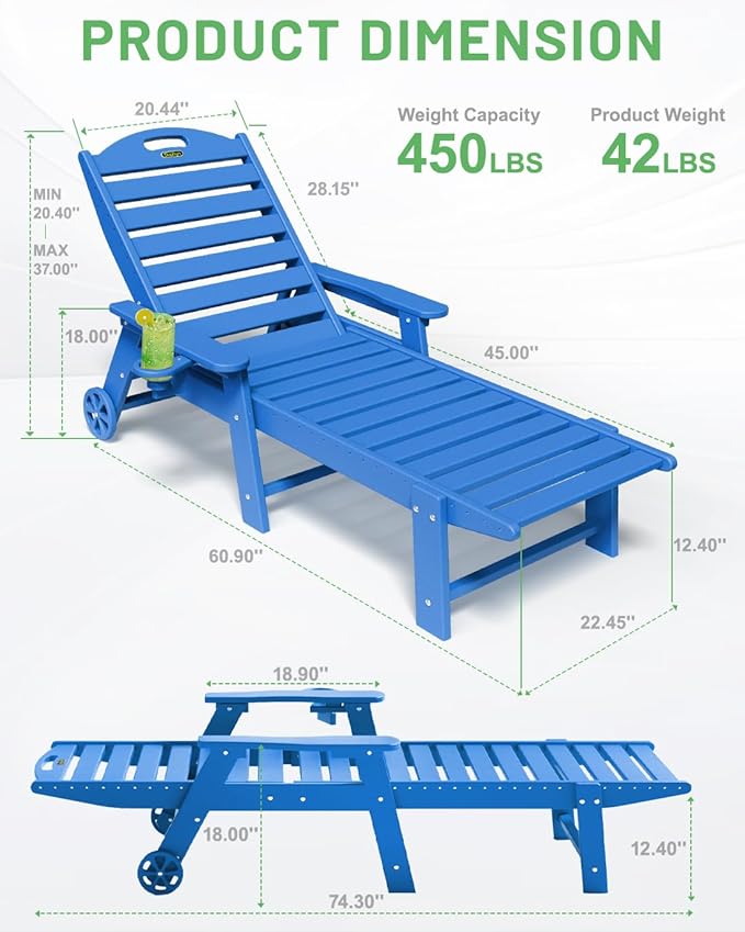 Lounge Chair Outdoor Set of 4 with Wheels, Adjustable 6-Position Chaise Lounge Outdoor, Patio Lounge Chair for Poolside Backyard, Navy Blue