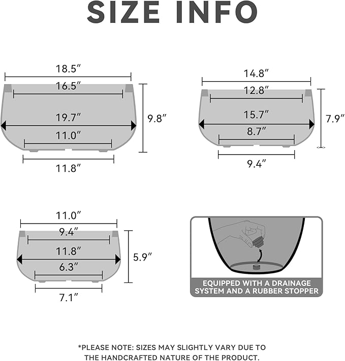 Kante 19.6",15.7",11.8" Dia Round Concrete Planters Set of 3, Outdoor Indoor Garden Plant Pots with Drainage Hole and Rubber Plug, Modern Curvaceous Design, Natural Concrete