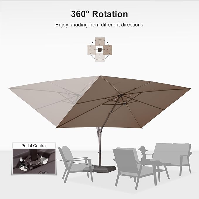 PURPLE LEAF 9' X 11.5' Rectangle Cantilever Umbrella Patio Umbrella Outdoor Aluminum Offset Hanging Umbrella with 360-degree Rotation for Pool Garden Backyard Deck, Taupe
