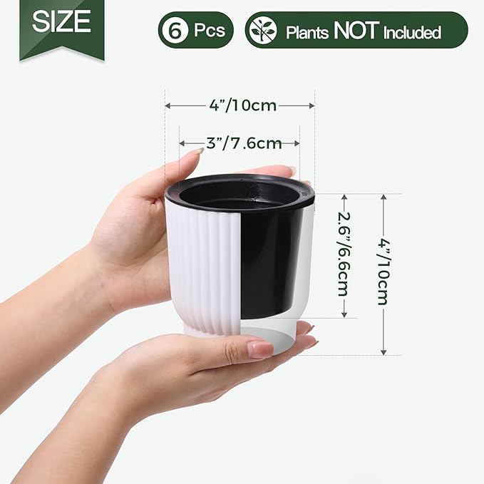 T4U 4 Inch Self Watering Pots for Indoor Plants, 6 Pack White Plastic Flower Pots for All House Plants, Flowers, African Violets
