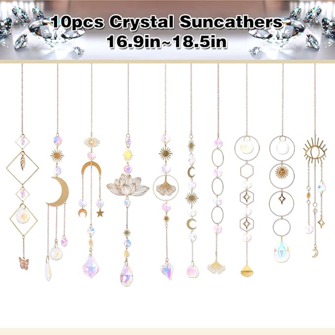 Sun Catchers, 10 Pieces Colorful Crystal Suncatcher with Chain Pendant Ornaments Hanging Crystals Prism Rainbow Maker for Windows Indoor Outdoor Car Mirror Garden Decor Wedding Party Xmas Gift