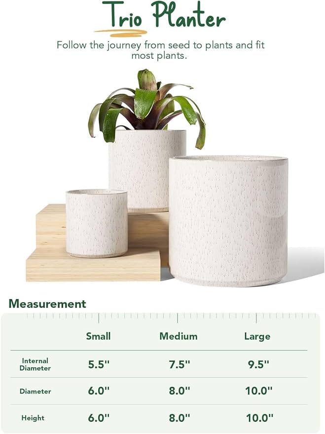 LE TAUCI Ceramic Plant Pots, 10 + 8 + 6 Inch, Planters for Indoor Plants, Mid-Century Modern Flower Pots with Drainage Hole, Cylinder Round Pots for Plants, Set of 3, Glaze Beige