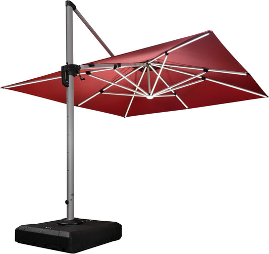 PURPLE LEAF 11 Feet Double Top Deluxe Solar Powered LED Square Patio Umbrella Offset Hanging Umbrella Outdoor Market Umbrella Garden Umbrella, Terra