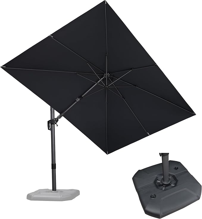 PURPLE LEAF 8.2' X 11.5' Tilting Patio Umbrella with Base Outdoor Cantilever Swivel Rectangle Umbrella Aluminum Offset Umbrella with 360-degree Rotation for Garden Deck Pool Patio Grey