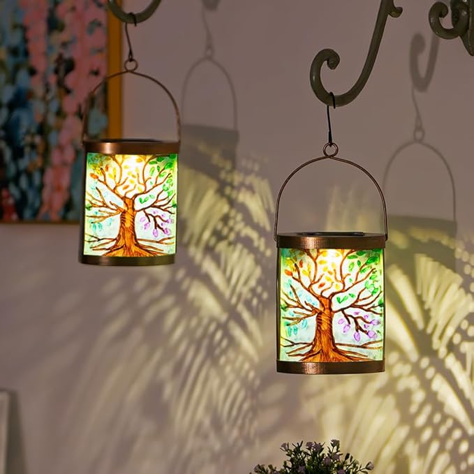 Starsoul 2 Pack Hanging Solar Lantern Outdoor Waterproof Glass Tree of Life Decorative Solar Lights for Outside Garden Yard Table Patio Decor