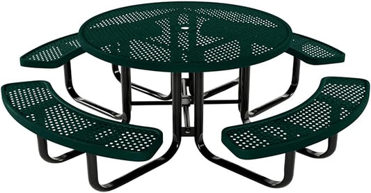 Heavy-Duty Portable Outdoor Kids Table with Umbrella Hole, Punched Steel Kids Picnic Table, Commercial-Grade, Made in America (46 in, Round, Childrens, Textured Dark Green)