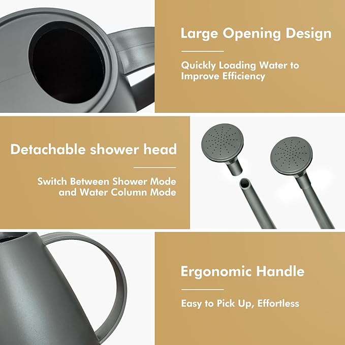 Watering Can for Indoor Outdoor Plants, Modern Small Watering Cans with Removable Nozzle, Long Spout Watering Can for Indoor Bonsai Plants Garden Flowers 1/2 Gallon 1.8L 60OZ (Gray)