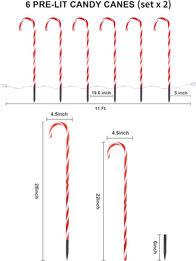 COOLWUFAN 28" Christmas Candy Cane Pathway Markers, Set of 12 Pack Christmas Outdoor Decorations Pathway Lights with 72 Warm Lights for Christmas Holiday Party Walkway Patio Garden Yard Lawn Decor