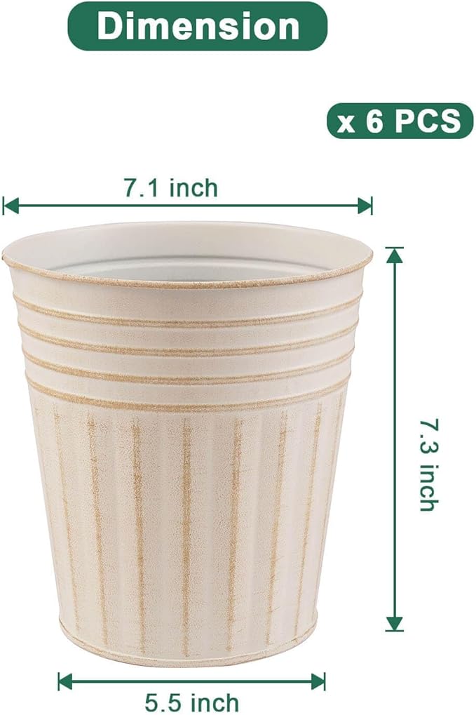 vensovo 7 Inches Beige Metal Rustic Flower Pots - 6 Pcs Medium Galvanized Planters with Drainage Hole and Rubber Plug, Rustproof Tin Bucket Plant Pot Farmhouse Vintage Style for Decor
