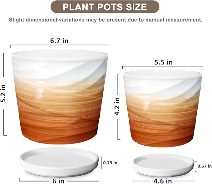 6.7 + 5.5 Inch Plant Pot, Ceramic Planter with Drainage and Saucer，Ceramic Pots for Plants, Indoor Plant pots，planters for Indoor Plants(Khaki + White)